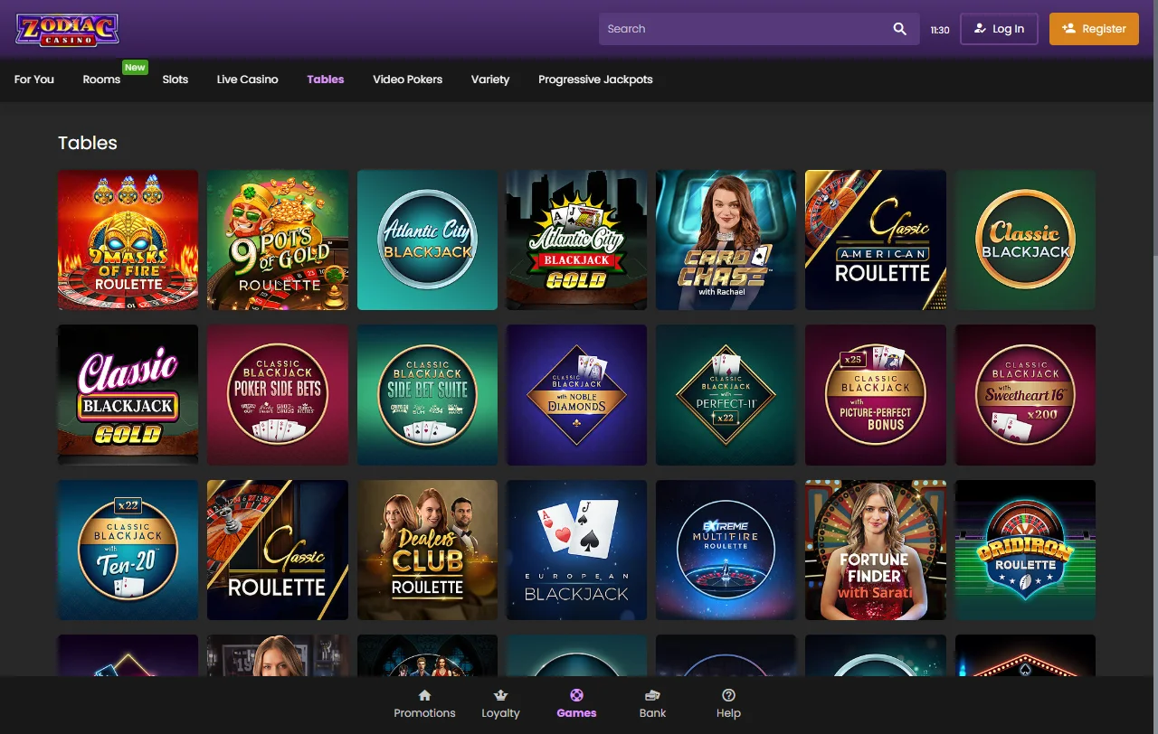 Zodiac Casino games overview with slots, tables and live entertainment